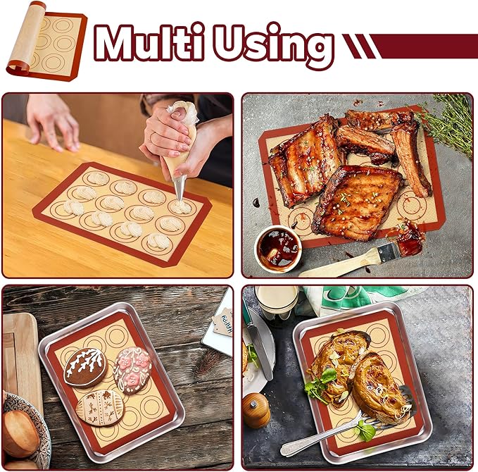 P&P CHEF 8.6 Inch Silicone Baking Mats, 2 Pcs Reusable Silicone Oven Mat, Non Stick Baking Supplies for Macaroon Pastry Bread Dough Cookie, Fits Well with Sheet Pan, Healthy & Easy Clean