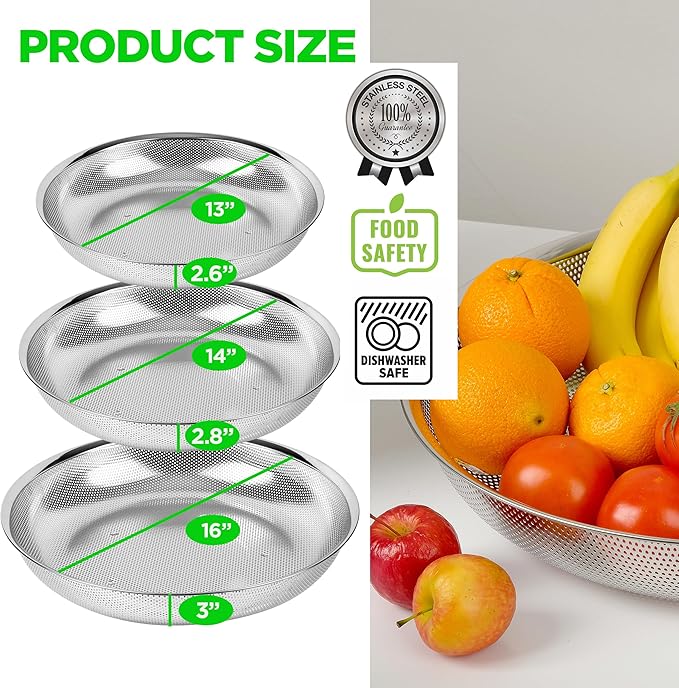 Premium 18/8 304 Stainless Steel Large Colander Set of 3, Comfortable Micro-Perforated Shallow Strainers, 5.5-7-10 Quart Tray Set, Self-Draining Solid Base for Pasta, Fruits, Vegetables