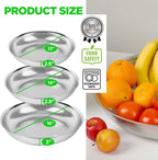 Premium 18/8 304 Stainless Steel Large Colander Set of 3, Comfortable Micro-Perforated Shallow Strainers, 5.5-7-10 Quart Tray Set, Self-Draining Solid Base for Pasta, Fruits, Vegetables