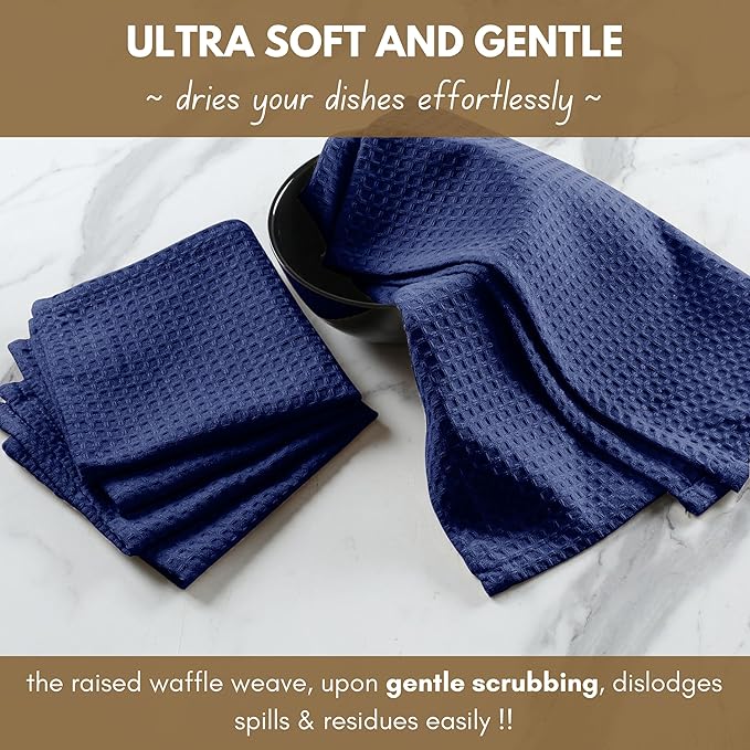 Native Fab Waffle Kitchen Towel - 6 Pack - Absorbent Dish Towel for Cleaning, Drying, and Cooking - 100% Cotton Durable Kitchen Essential for Home Use, Quick Drying Towels, 16x26 inches - Ink Blue