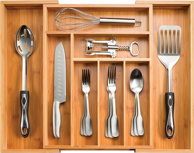 Bamboo Expandable Drawer Organizer for Utensils - Adjustable Cutlery Tray with Dividers for Silverware, Flatware, and Knives in Kitchen, Bedroom, or Living Room Storage