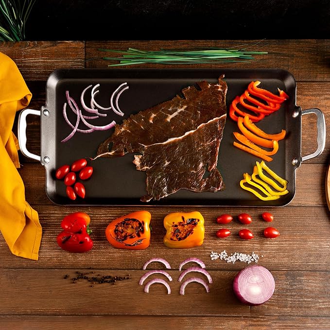 Vasconia Durable Double Burner Griddle (20″ x 11″) 100% Pure Aluminum with Nonstick - NSF Certified - for Frying, Searing, Grilling, Browning, Ideal for Home & Commercial Kitchen - Pack of 1