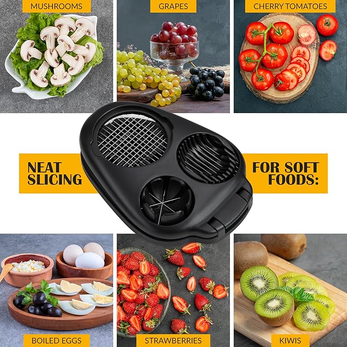 CraftyCrocodile Egg Slicer for Hard Boiled Eggs - 3 Slice Modes Egg Cutter, Heavy Duty, Stainless Steel Dicer - Kitchen Chopper Tool for Strawberry, Mushroom, Grape, Cherry Tomato - Black