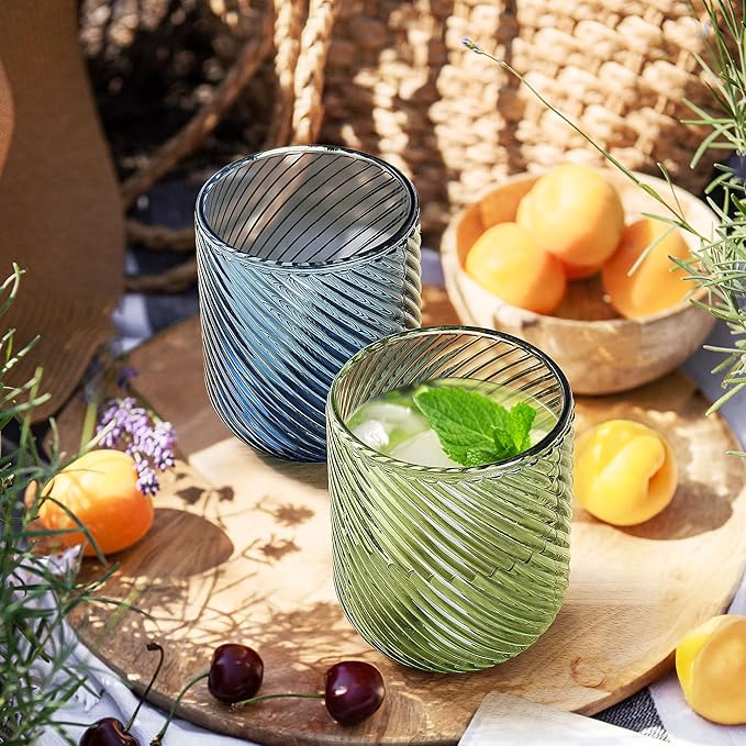 Joeyan Vintage Small Drinking Glasses,Green Ribbed Embossed Colored Water Glasses Tumbler Cups,Glassware for Beverages Cocktail Whisky Beer Juice,9 oz,Set of 4,Dishwasher Safe