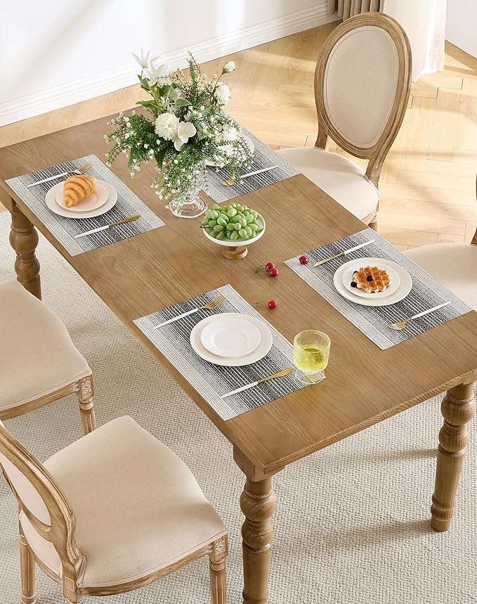 Leetaltree Black with White Woven Placemats Set of 6 - Heat Resistant Non-Slip Place mats for Dining Table, Washable Durable PVC Vinyl Woven Table Mats(Black with White, 6)