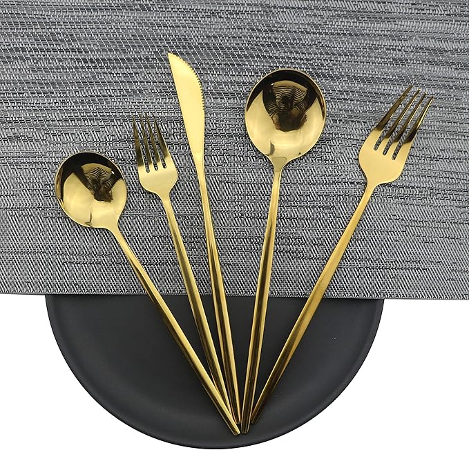 Shiny Gold Silverware Set, JASHII 20-Piece Stainless Steel Satin Finish Flatware Set, Kitchen Utensil Set, Mirror Polished Tableware Cutlery Set for Home and Restaurant, Dishwasher Safe