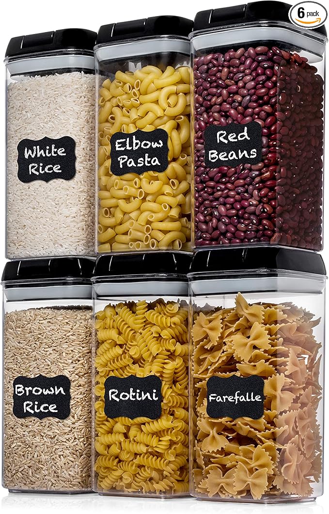 Shazo Airtight Food Storage Containers with Lids - 6 PC BPA Free Clear Plastic Cereal Containers with Easy Lock Lids for Kitchen and Pantry Organization for Snacks and Pasta - 1.2 L