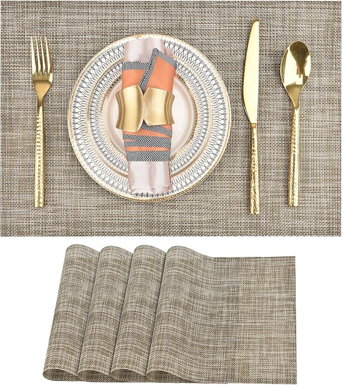 Placemats Set of 4 - Easy Clean Washable Vinyl Placemats - Wipeable Heat Resistant Table Mats for Dining Table - 17.7x11.8 Inch (4, Gray & Gold Two-Tone)