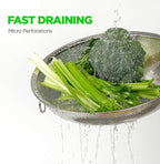 Premium 18/8 304 Stainless Steel Large Colander Set of 3, Comfortable Micro-Perforated Shallow Strainers, 5.5-7-10 Quart Tray Set, Self-Draining Solid Base for Pasta, Fruits, Vegetables