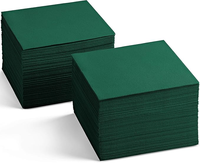 Disposable Linen-Feel Cocktail Napkins, 200-Pack 5" x 5" GREEN Paper Beverage Napkins For Bar, Restaurant And Café, Dessert Napkins For Party, Wedding Or Event