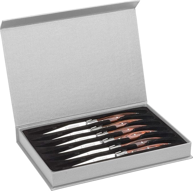 Trudeau Laguiole Steak Knives Set of 6 – Premium Stainless Steel Serrated Blades with Pakkawood Handles – Dishwasher Safe Steak Knife Set for Dinner, BBQ, or Gifting – Rustic Elegant Design