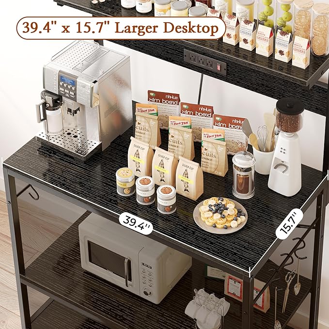 SUPERJARE Bakers Rack with Power Outlets, Microwave Stand, 39.4 X 14.3 Inch Larger Desktop, Kitchen Storage Rack with Adjustable Middle Shelf, 6 S-Shaped Hooks, Coffee Bar Stand, Black