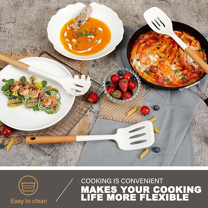 QMVESS Silicone Cooking Utensils Set, Kitchen Utensils Set 7 Pcs with Long Wooden Handle, Food Grade and Heat Resistant Large Silicone Spatula Set for Nonstick Cookware, BPA Free（White）