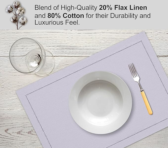 Ruvanti Linen Placemats Set of 6-13x19 Inch, Classic Hemstitch, Heat ‎Resistant Machine Washable Place Mats, Soft & Elegant- Perfect for Christmas, ‎Thanksgiving, Weddings, Dinner - Lavender Grey