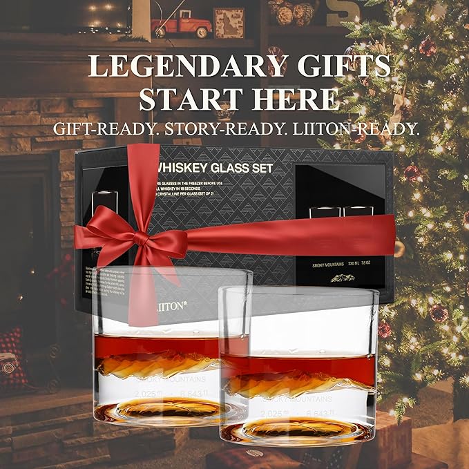 LIITON Smoky Mountain Heavy Crystal Whiskey Glasses Gift Set of 2, Thick Freezable Bourbon Glass 1lb Each, Premium Whiskey Gifts for Men, Frozen Crystal Chills Cocktails, 10 oz