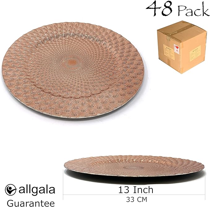 allgala 13-Inch 48-Pack Case Lot Heavy Quality Round Charger Plates-Peacock Rose Gold-HD80363