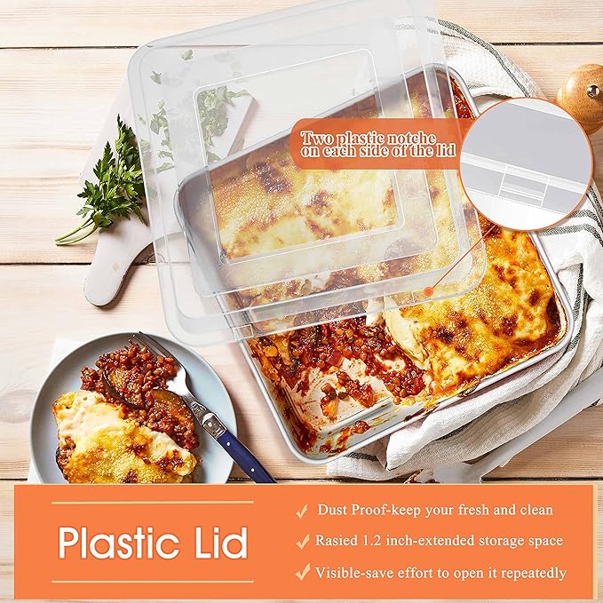 Herogo 8''x 8'' Square Cake Pan, Stainless Steel Square Baking Pan with Lid, Rectangle Cakes Brownie Lasagna Bakeware Set of 4, Healthy & Dishwasher Safe