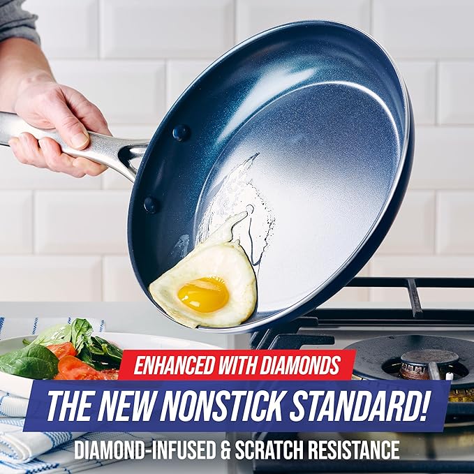 Blue Diamond 10" Nonstick Frying Pan Skillet, Diamond Infused PFAS & PTFE-Free Ceramic Pot, Dishwasher & Oven Safe, Stay Cool Handle, Durable Non Toxic Metal Utensil Safe, Egg & Omelet Pan, Blue