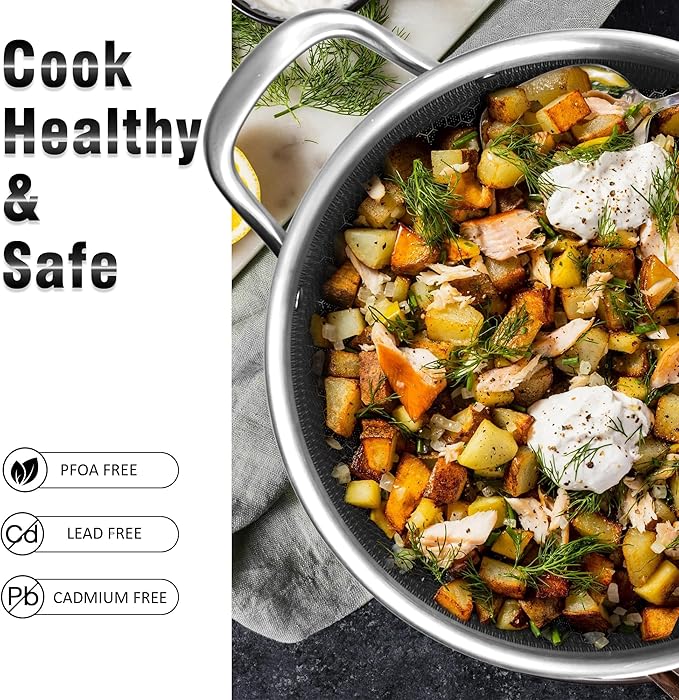 AuFranc™ Hybrid Nonstick 6 Quart Stainless Steel Stockpot with Glass Lid, Induction Stock Pot with Honeycomb Carving, Non-stick Soup Pot Compatible with All Cooktops, Non-Toxic, Dishwasher & Oven Safe