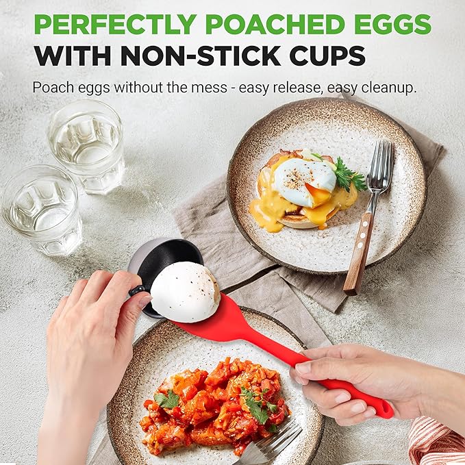 NutriChef Egg Poacher Pan Set - 7.87” Stainless Steel Poached Egg Cooker with 4 Non-Stick Poaching Cups, Glass Lid, Timer, Oven Mitt, and Spatula for Perfect Poached Eggs, Induction Compatible, Silver