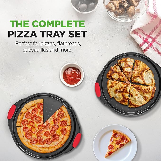 NutriChef 2-Piece 13-Inch Nonstick Pizza Tray, Round Carbon Steel Non-Stick Pizza Baking Pan with Perforated Holes, Premium Bakeware Pizza Screen with Silicone Grip Handles, Dishwasher Safe, NCBPIZX2