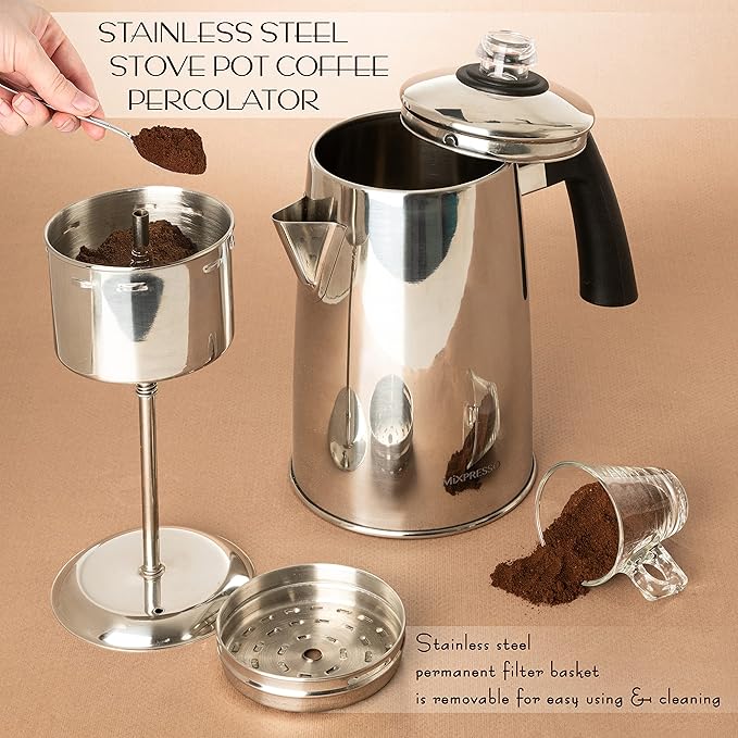 Mixpresso Stainless Steel Coffee Percolator Stovetop, 52 oz Classic Percolator Coffee Pot, Great For Camping Pot, 12 Cup Stove Top Espresso Maker, Cool-Touch Handle