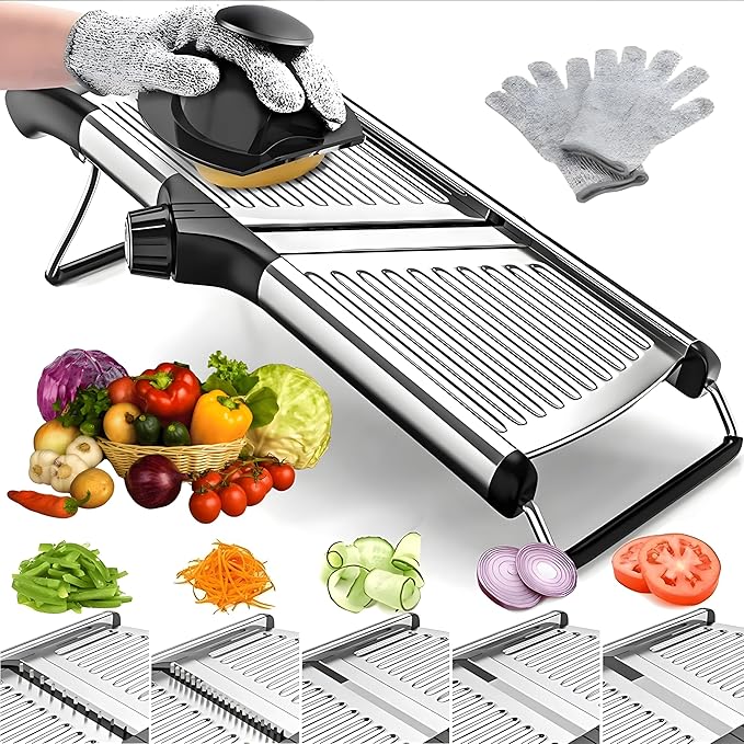 Mandoline Slicer for Kitchen, Adjustable Stainless Steel Vegetable Slicer and Chopper, Food Slicer with Julienne Cutter, Potato, Onion, Tomato, Cucumber and Salad Chopper with Safety Gloves