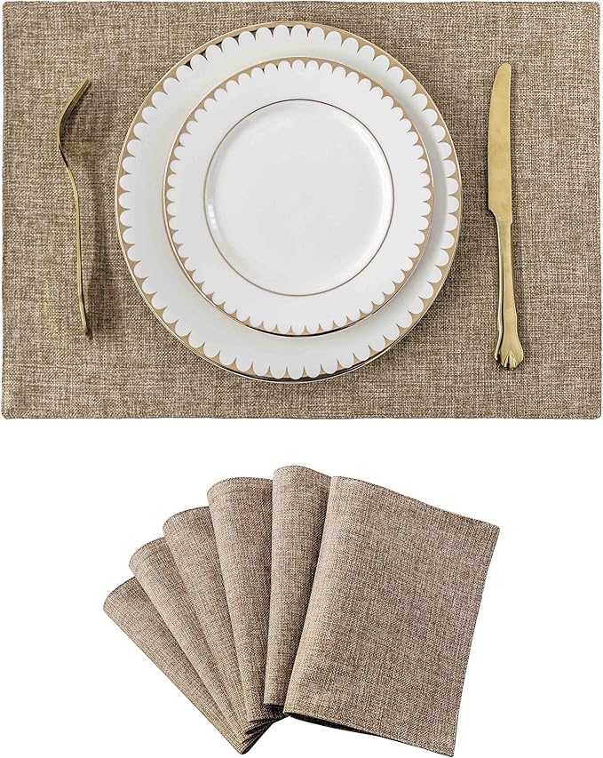 Home Brilliant Fabric Cotton Placemats Set of 6 Heat Resistant Dining Table Place Mats Kitchen Table Mats, Natural Linen