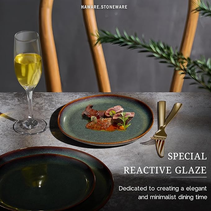 HaWare Stoneware Salad Plates Set of 6, 7.9” Heavy Duty Ceramic Plates, Reactive Glaze Dinnerware for Home Restaurant, Chip and Scratch Resistant, Microwave and Dishwasher Safe, Reactive Moss Green