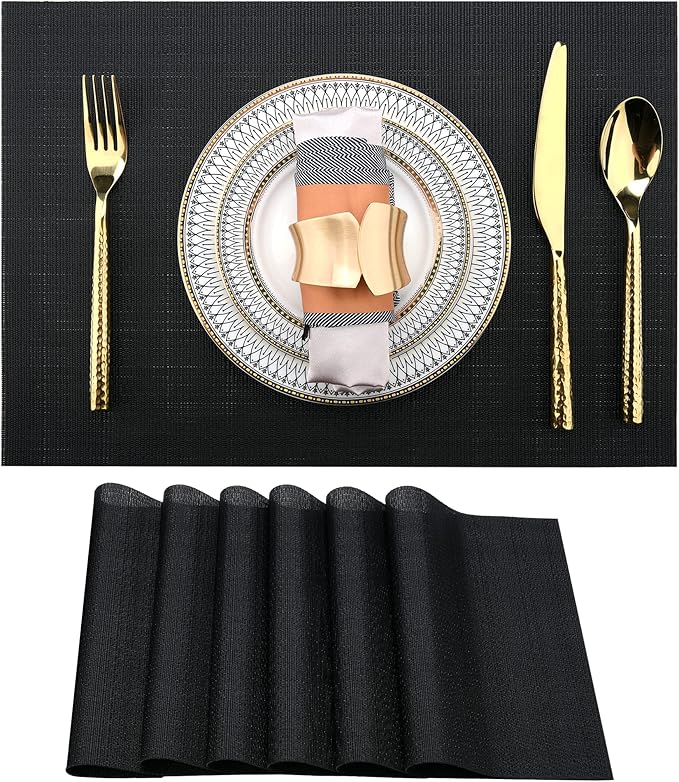 Black Placemats Set of 6 - Easy Clean Washable Vinyl Placemats - Wipeable Heat Proof Table Mats for Dining Table - 17x12 Inch (Pure Black, 6)