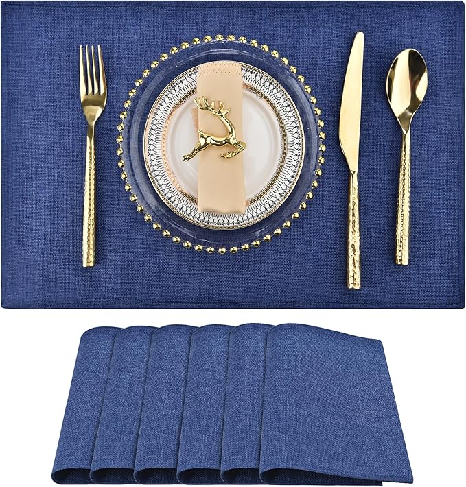 Navy Blue Cloth Placemats Set of 6 - Easy to Clean Fabric Table Placemats - Machine Washable Placemats- Heat Resistant Non-Slip Table Mats (Navy Blue, 6),