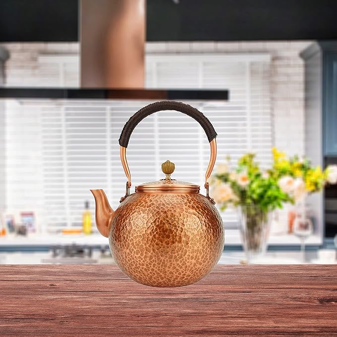 Funmaker Handmade Solid Copper Tea Pot Kettle Stovetop Teapot Thick Hammered Copper Tea Pot Kettle Stovetop Teapot Made for gasstove tops pure copper kettle (Type 3-1400ml)
