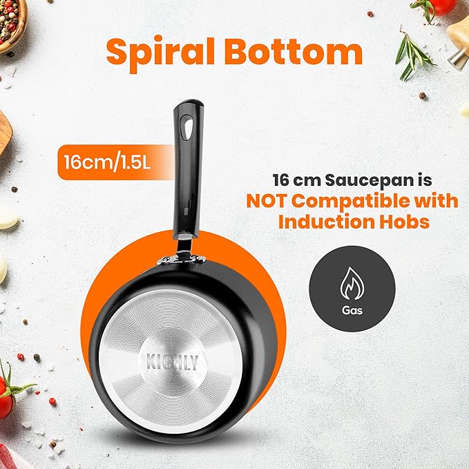 KICHLY 8 Pieces Pots and Pans Set, Non Stick Kitchen Cookware Set, Induction Frying Pans 20cm, 28cm, Saucepan with Lids 20cm, 18cm, Non Induction Saucepan 16cm, Pots and Pans Set Nonstick, Black
