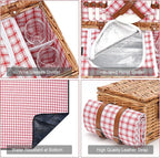 Wicker Picnic Basket Set for 2 Persons with Waterproof Picnic Blanket and Large Insulated Cooler Compartment, Willow Picnic Hamper Basket with Cutlery Service Kits for Camping, Wedding (Red)
