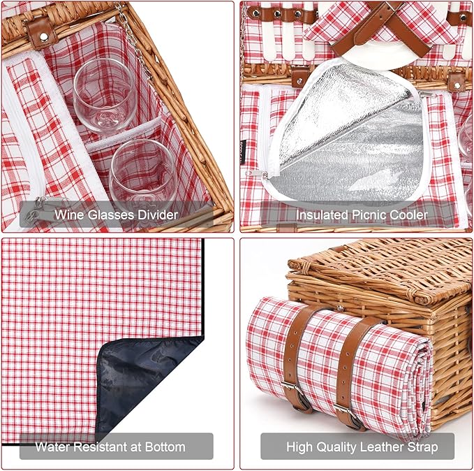 Wicker Picnic Basket Set for 2 Persons with Waterproof Picnic Blanket and Large Insulated Cooler Compartment, Willow Picnic Hamper Basket with Cutlery Service Kits for Camping, Wedding (Red)