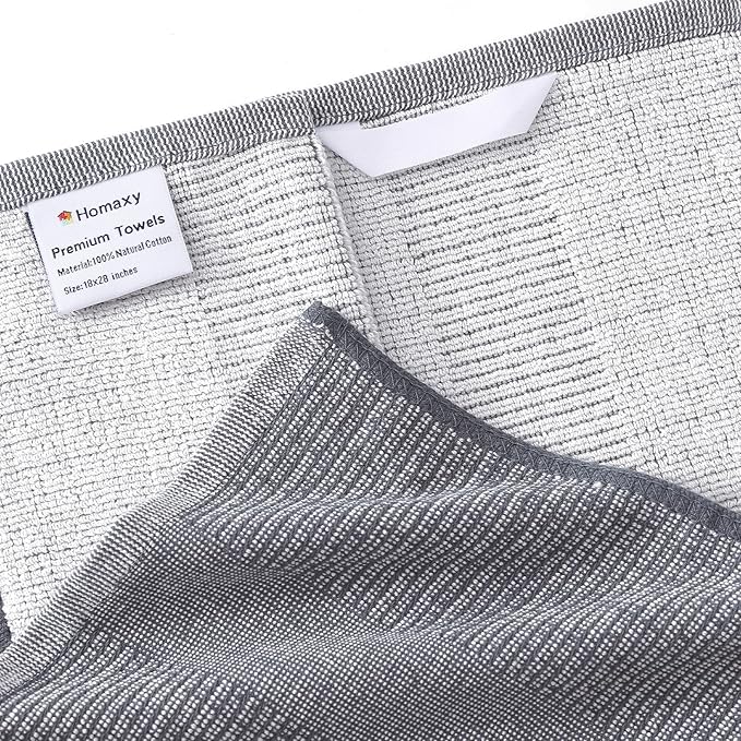 Homaxy Premium Kitchen Towels(18”x 28”, 6 Pack), Large Cotton Kitchen Hand Towels, Flat and Terry Dish Towels, 380 GSM Highly Absorbent Tea Towel Set with Hanging Loop, Grey/Khaki/Black