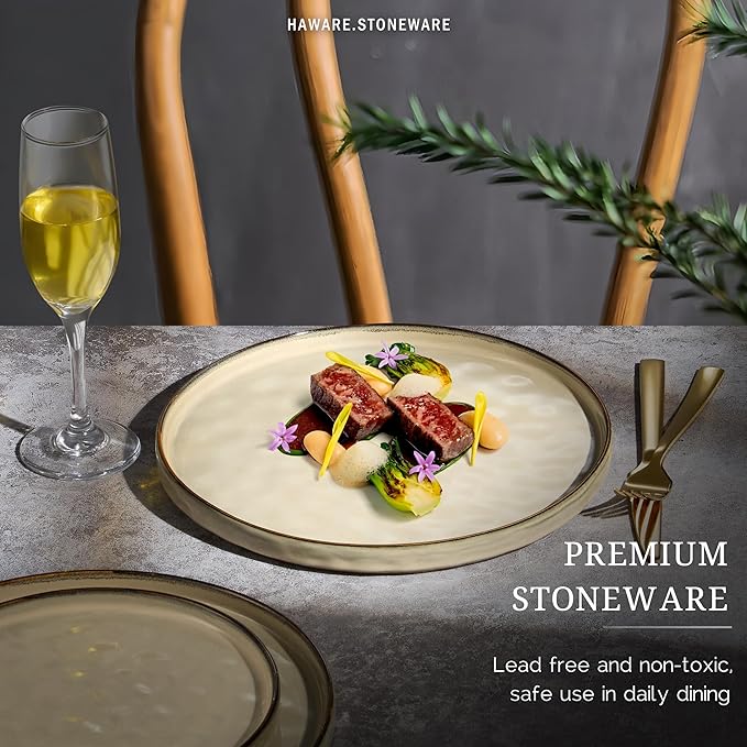 HaWare Stoneware Dinner Plates Set of 6, 10" Heavy Duty Ceramic Plate, Reactive Glaze Ripple Dinnerware for Home Restaurant, Chip and Scratch Resistant, Microwave and Dishwasher Safe, Saturn Khaki