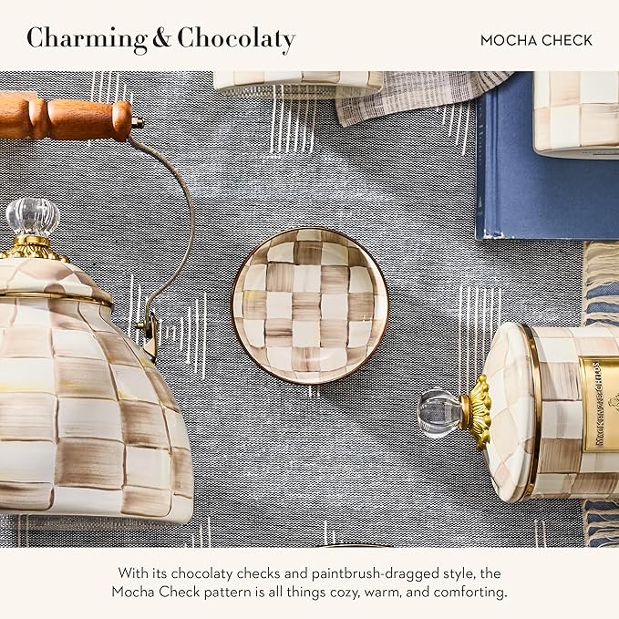 MACKENZIE-CHILDS Enamel Relish Dish, Small Serving Bowl for Entertaining, Brown-and-White Mocha Check