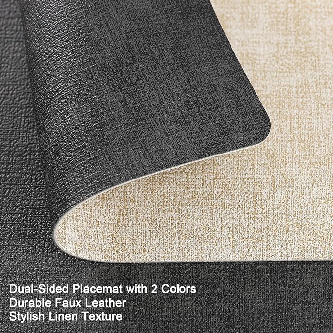 Myir JUN Placemats Dual Sided, Faux Leather Place Mats Set of 8 Indoor Placemats for Dining Table Non-Slip Washable Placemats Heat Resistant Outdoor Table Mats (Set of 8, Gray Cream)