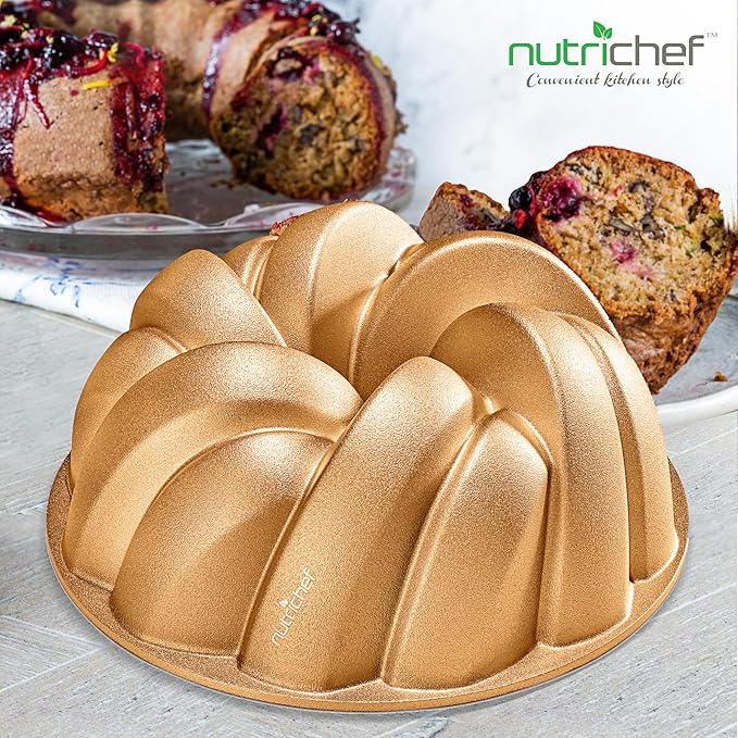 NutriChef 9-Inch Cake Pan - Heavy Die Cast Aluminum Cake Baking Mold with 2 Layers of Professional Nonstick Coating - Fluted Flow Design for Uniform Baking & Browning, Dishwasher Safe - Gold