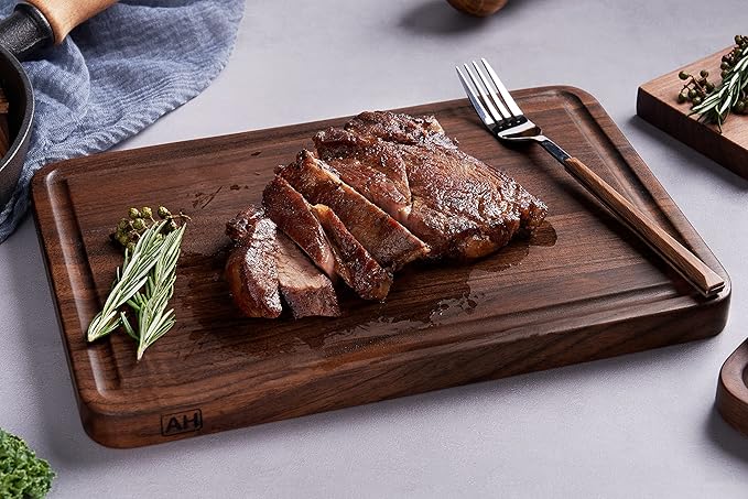 AZRHOM Small Walnut Wood Cutting Board for Kitchen 12x8 in (Gift Box) with Juice Groove Handles Non-slip Mats Thick Reversible Butcher Block Chopping Board