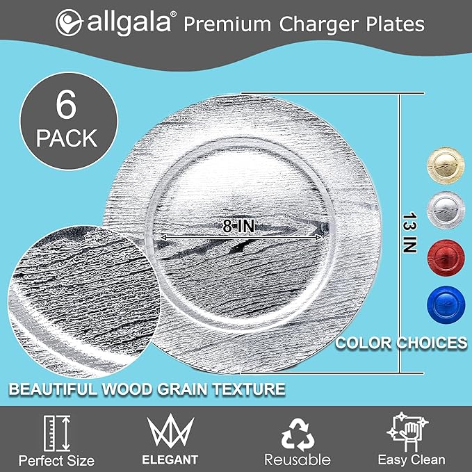 allgala 13-Inch 6-Pack Heavy Quality Round Charger Plates-Grain Silver-HD80302
