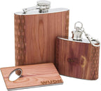 3-Piece Wooden Bar Set - 6 oz Hip Flask, 2 oz Keychain Flask & Credit Card Bottle Opener in Aromatic Cedar