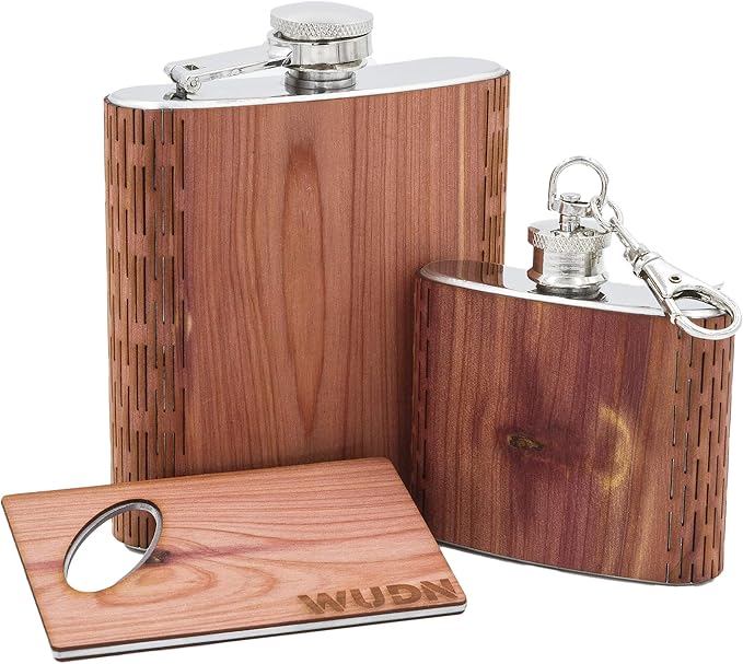3-Piece Wooden Bar Set - 6 oz Hip Flask, 2 oz Keychain Flask & Credit Card Bottle Opener in Aromatic Cedar