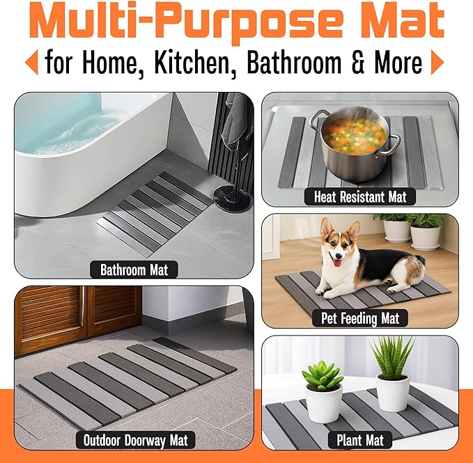 MHM Stone Dish Drying Mat – Volcanic Diatomaceous Earth from Changbai Mountains – Fast-Absorbing, Heat Resistant, Bamboo Rack Included – Eco-Friendly, Minimal Kitchen Drying Mat