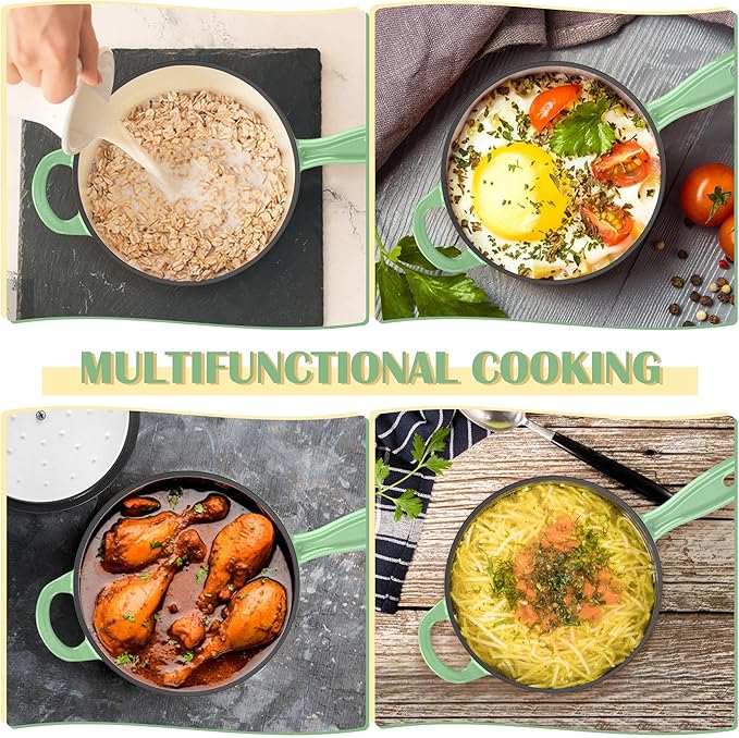 E-far Enameled Cast Iron Sauce Pan, 2 Quart Dutch Oven Saucepan with Lid, Small Sauce Pot for Cooking, Boiling, Healthy & Non Toxic, Induction & Oven Safe, Pistachio Green