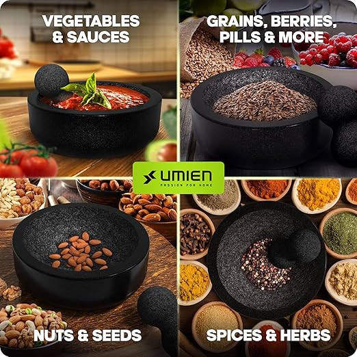 Umien™ Granite Mortar and Pestle Set - 100% Granite - 3.5-Cups - 8-Inch – Avocado Tool Included – Natural Stone Molcajete for Spices, Pestos, & Guacamole (Black) - Stone Grinder - Guacamole