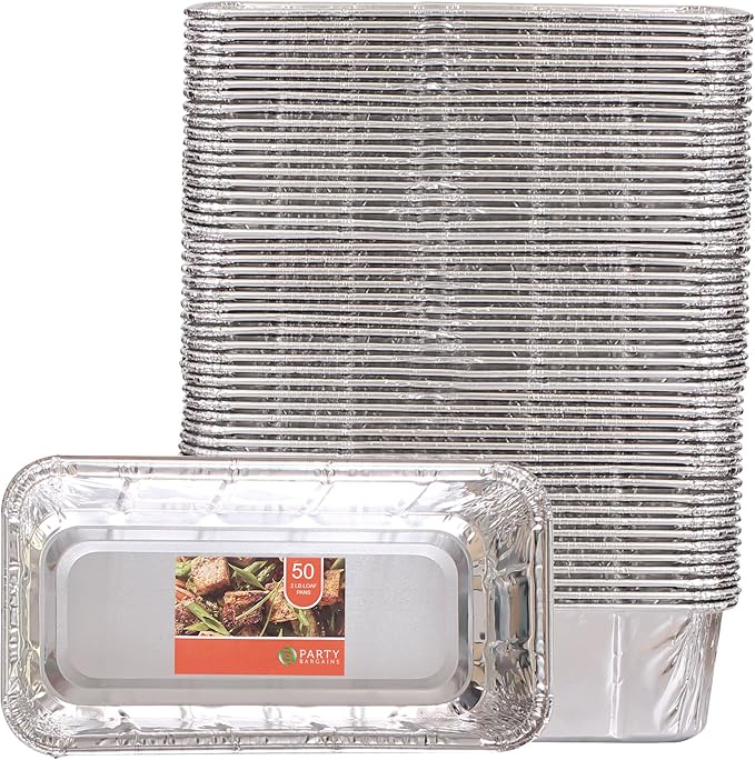PARTY BARGAINS 2 Lb Aluminum Loaf Pan - 50 Pack | 8.5" x 4.5" x 2.5" Heavy Duty Disposable Pans for Baking, Lasagna, Meatloaf & Food Serving (Max 240°C)