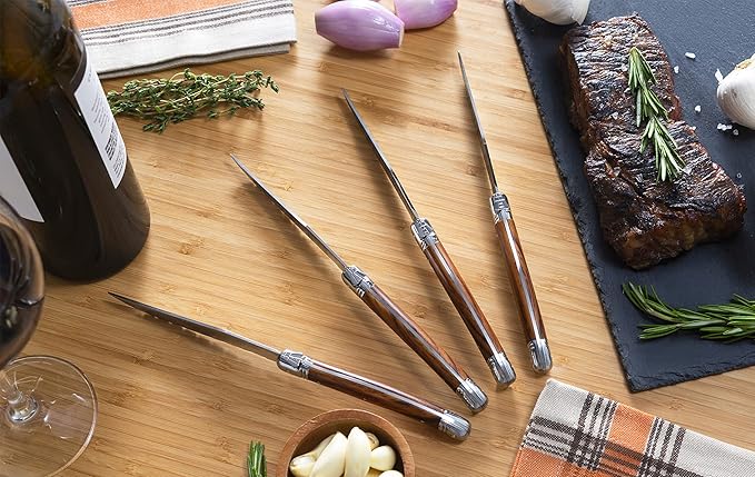 French Home Laguiole 4-Piece Steak Knife Set – Sophisticated Stainless Steel Dinner Knives with Wood Grain Handles & Iconic Bee Emblem – Serrated Knives for Smooth Cutting (9.25")