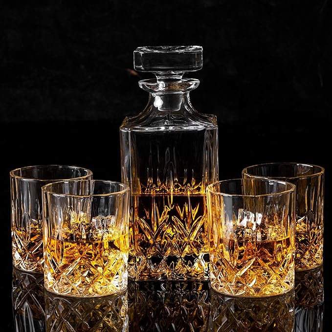 KANARS Whiskey Decanter And Glasses Set in Unique Gift Box - Original Crystal Liquor Decanter Set For Bourbon, Scotch, Vodka, Rum or Whisky, 5-Piece, Gifts for Men Dad